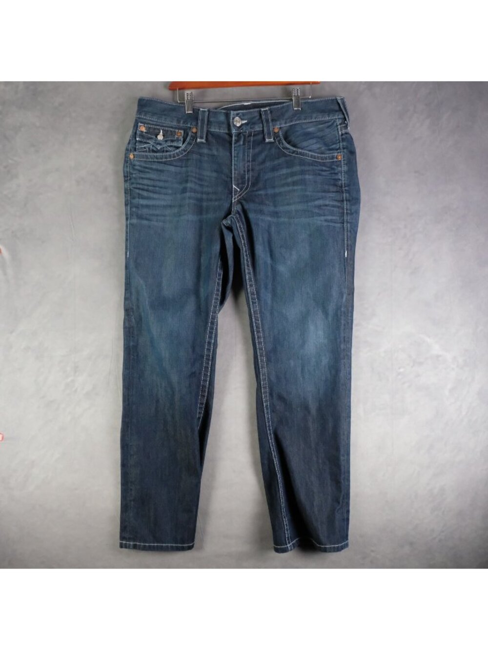 True Religion Ricky Jeans Mens 36X32 Blue Straight Leg Whiskers Made In USA
